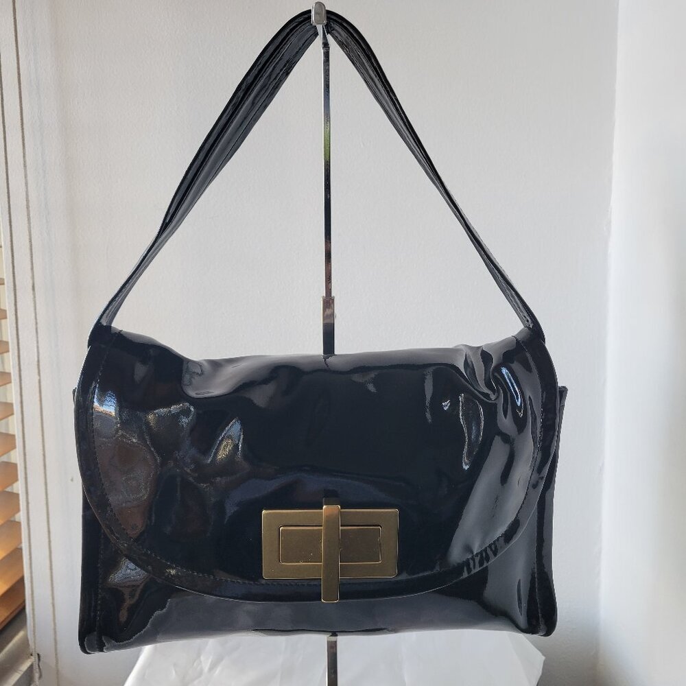 Vintage Anne Klein Black Patent Leather Purse with Gold Twist Closure